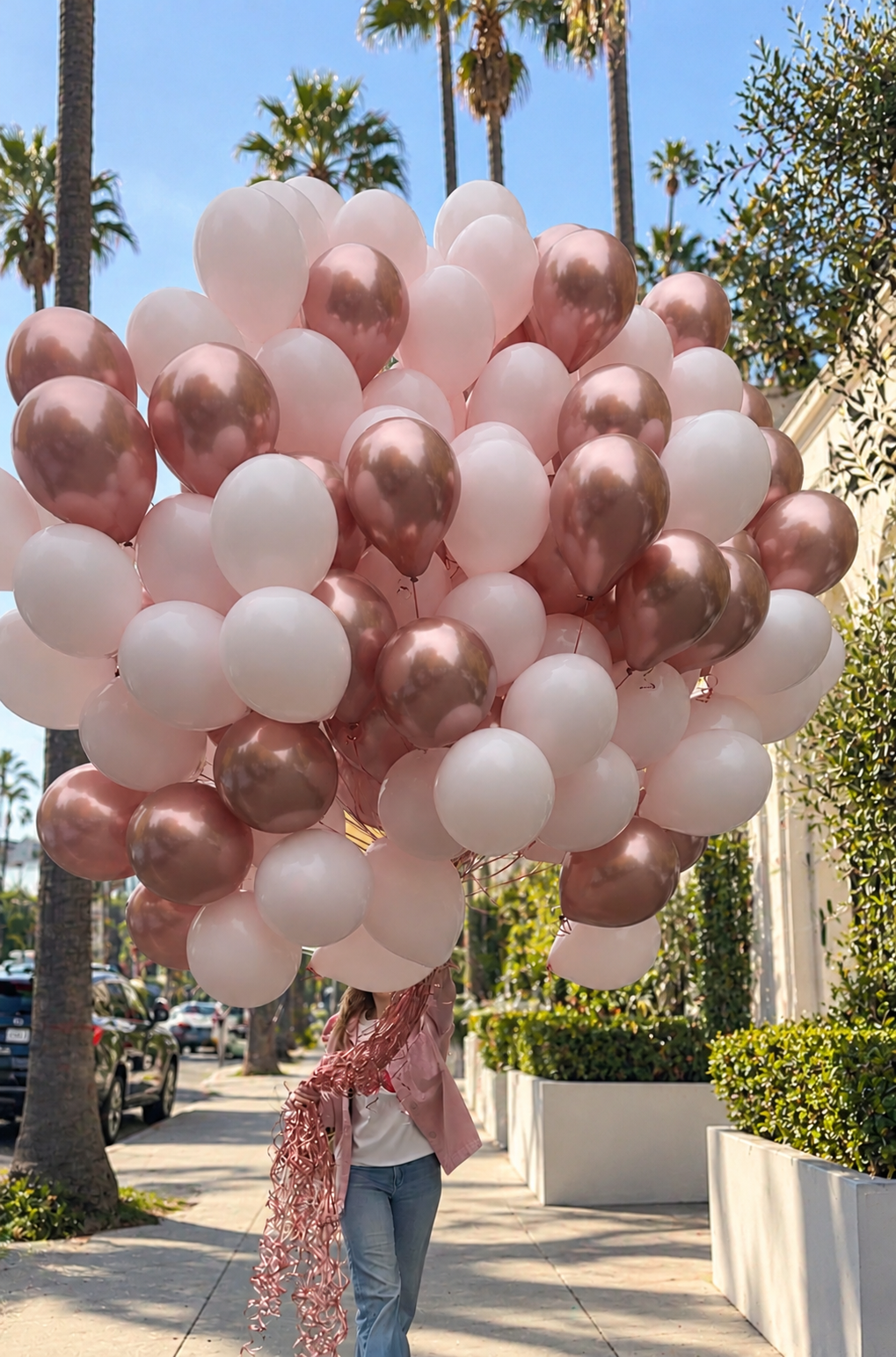 Giant bouquet of 100 helium balloons in soft blush pink, white, and metallic rose gold chrome, creating an impressive luxury balloon cloud. Custom large helium balloon delivery by Best Balloons LA in Beverly Hills, Bel Air, Brentwood, and Los Angeles.