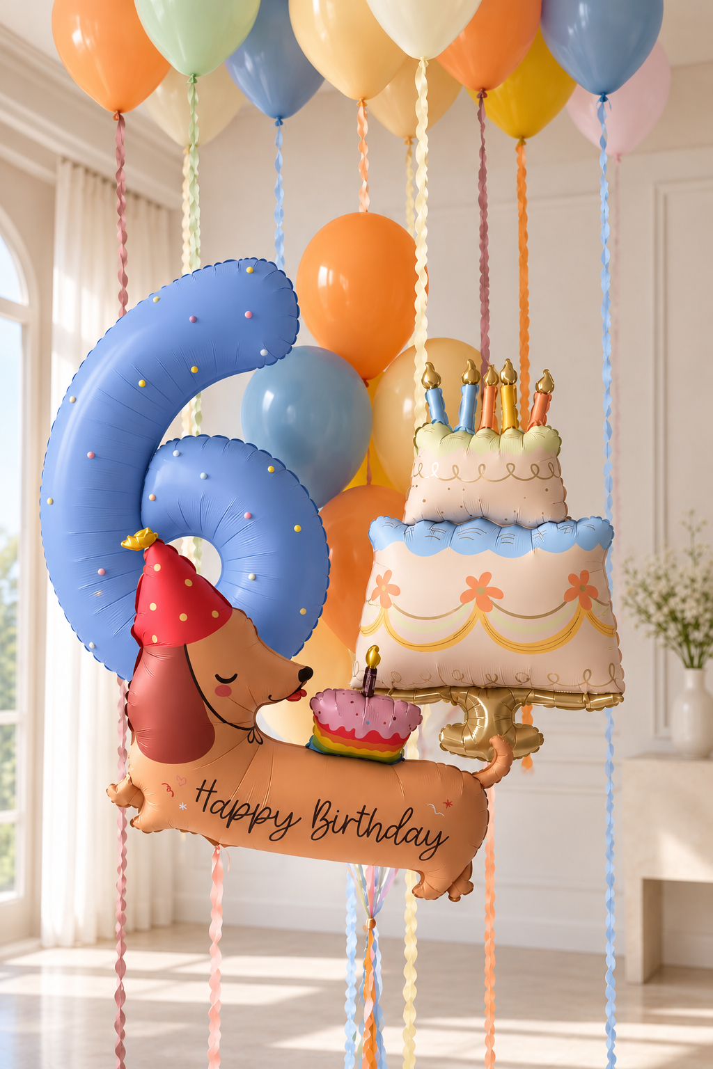Colorful sixth birthday helium balloon arrangement featuring a large pastel blue number 6 foil balloon, an adorable dachshund dog-shaped Happy Birthday balloon wearing a party hat, a festive birthday cake balloon, and floating pastel balloons in orange, yellow, blue, pink, and mint green. Creative kids' birthday balloon delivery by Best Balloons LA in Beverly Hills, Bel Air, Brentwood, and Los Angeles.