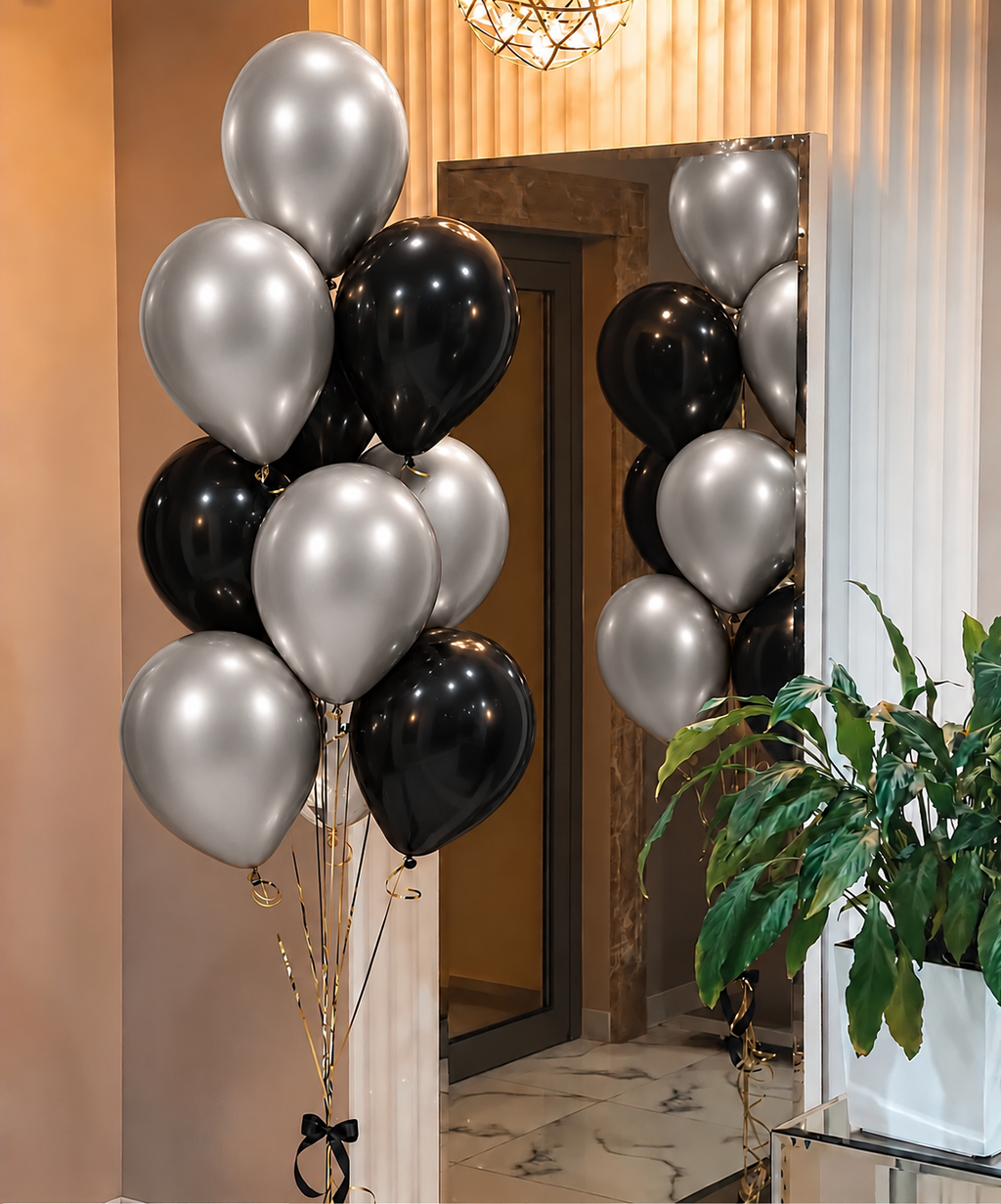 metallic silver and black balloons 