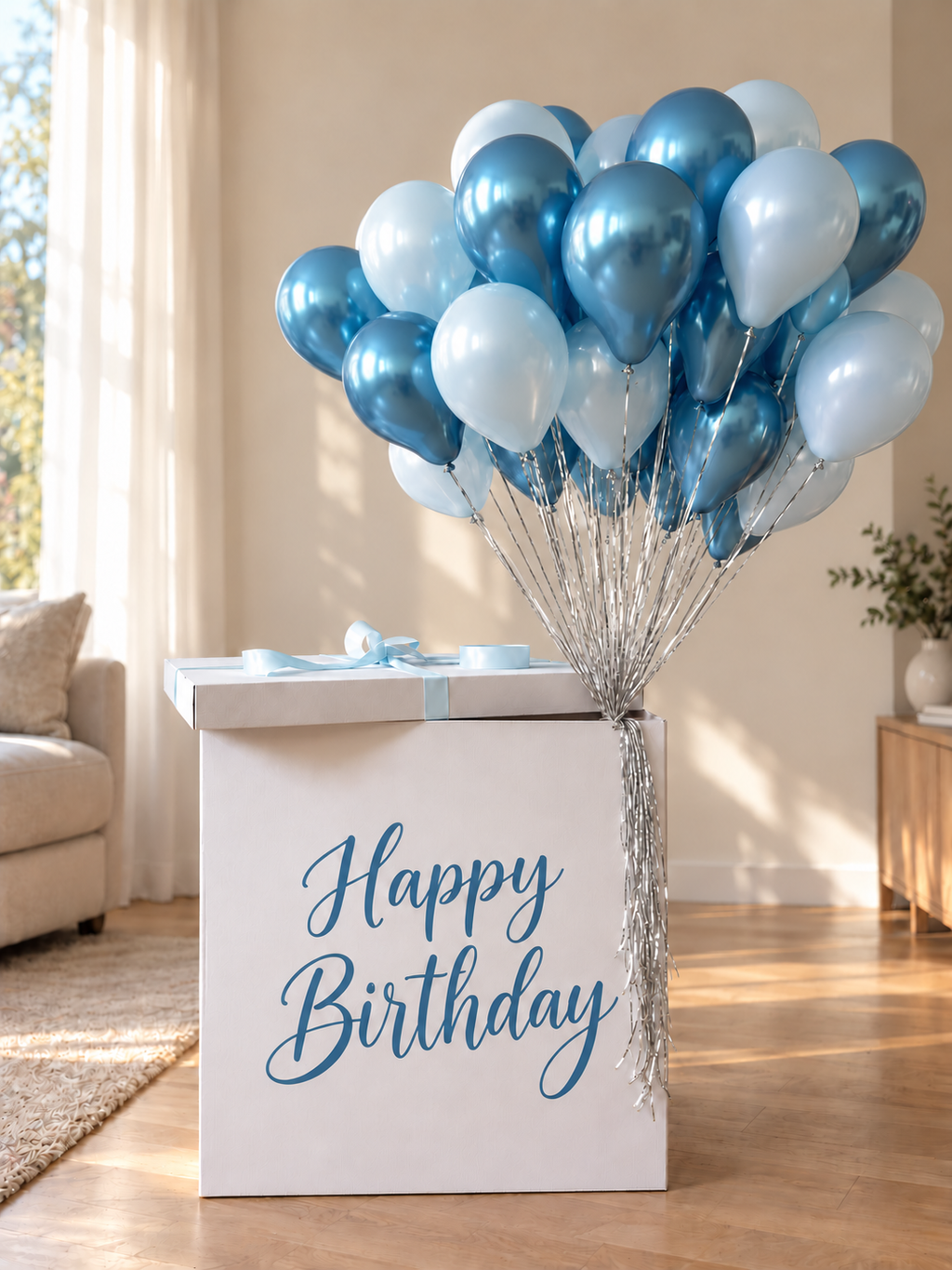 White Happy Birthday balloon box with a large bouquet of metallic blue and light blue helium balloons finished with coordinating silver ribbons.