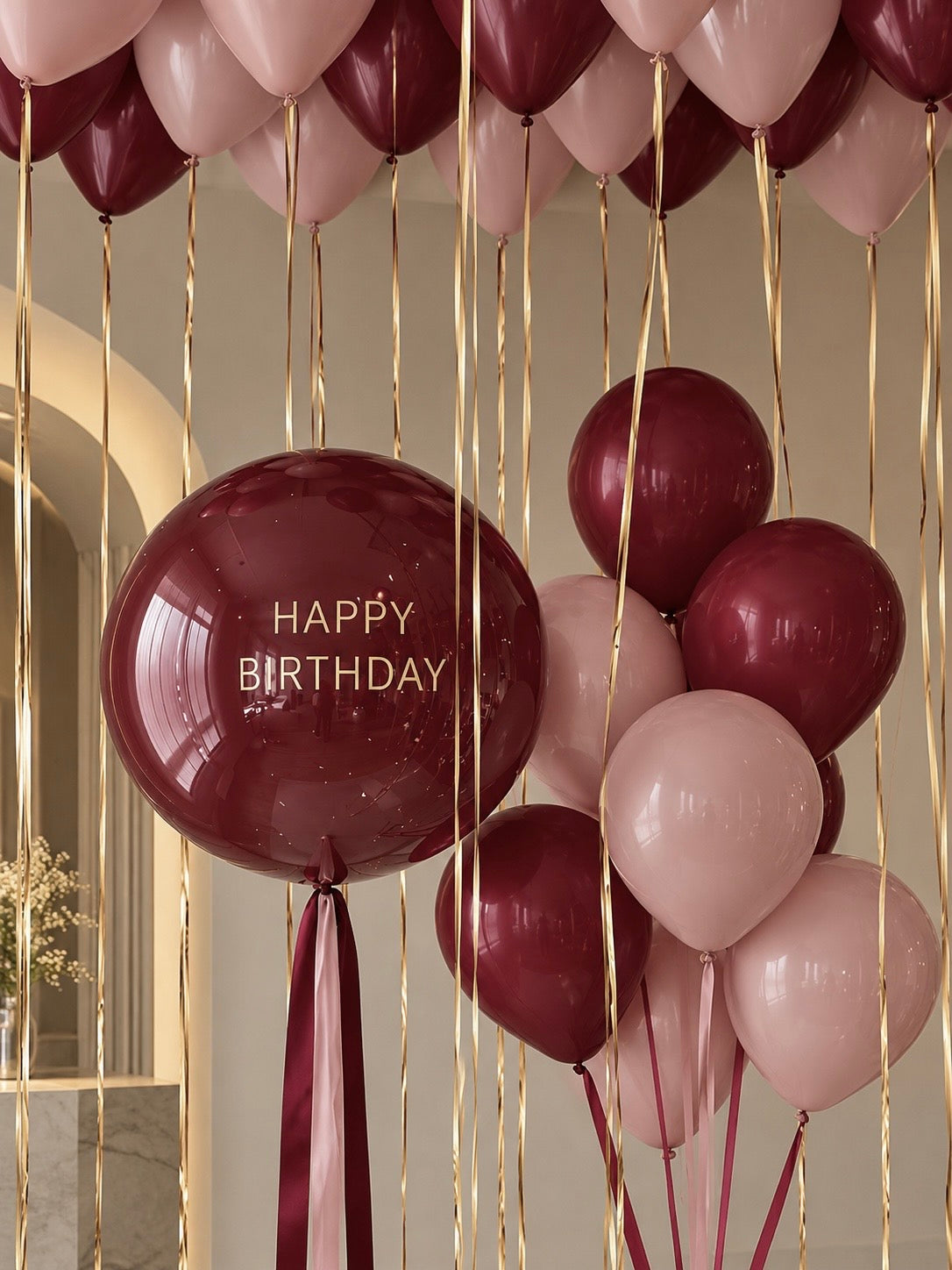 Elegant burgundy and blush pink birthday balloon arrangement featuring an oversized personalized burgundy Happy Birthday balloon with gold lettering, coordinated helium balloon bouquets, and floating ceiling balloons with long metallic gold ribbons. Luxury birthday balloon styling by Best Balloons LA.