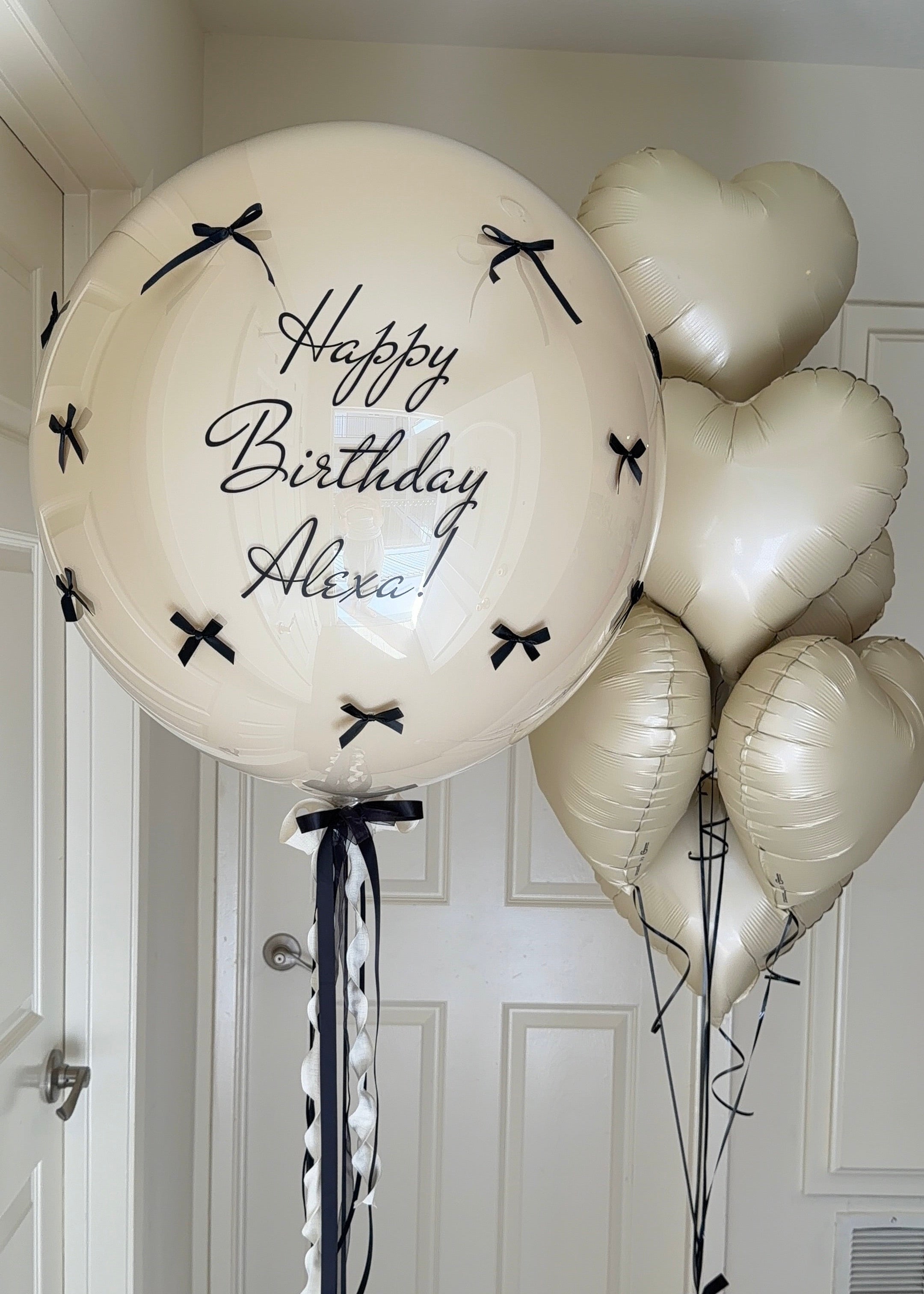 Monochrome Ivory Hearts & Bows Balloon Bouquet #017