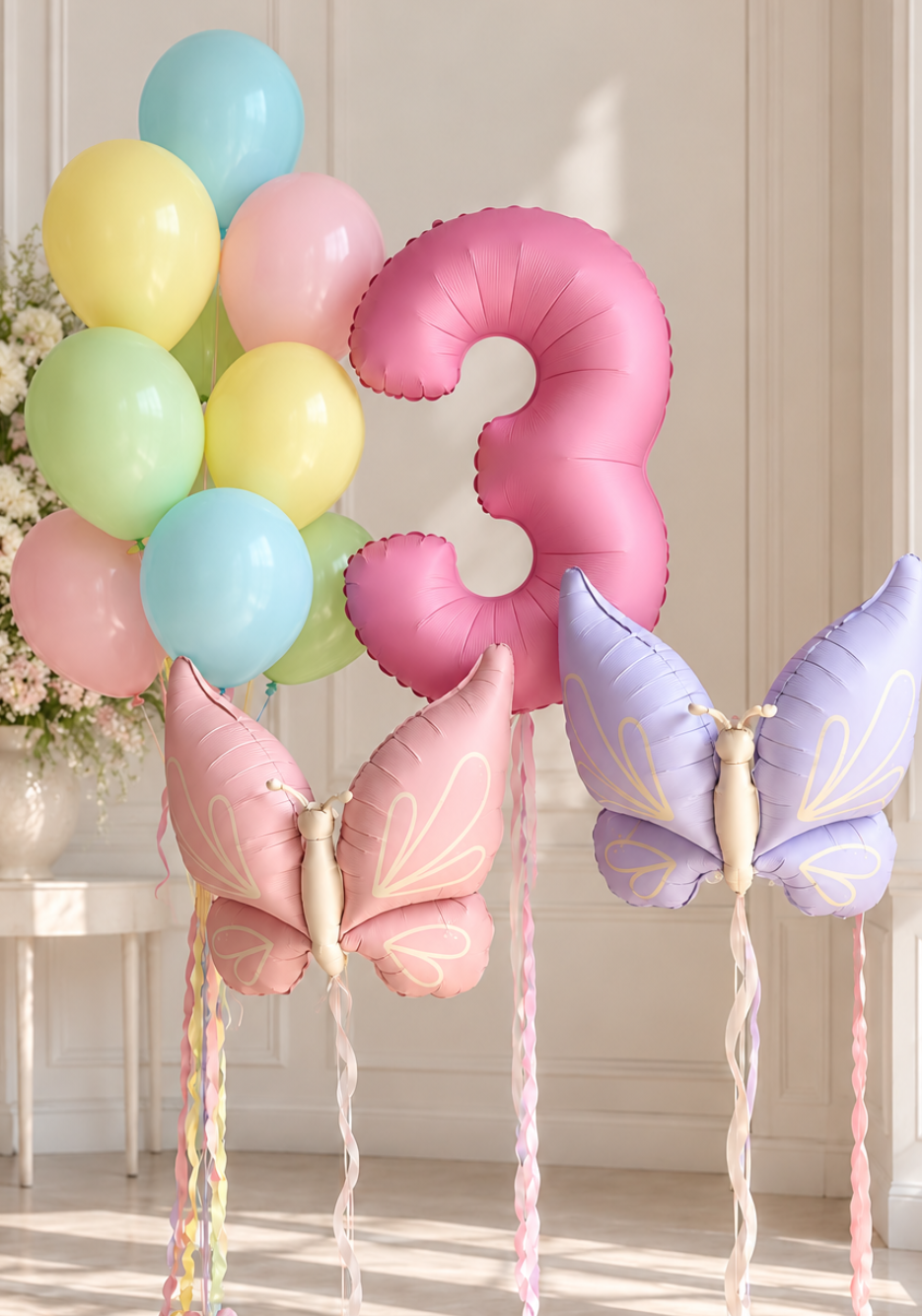A pastel birthday balloon arrangement with a large pink number 3 foil balloon, a soft-colored helium balloon bouquet, and pink and lavender butterfly balloons. Whimsical 3rd birthday balloon decor for celebrations in Los Angeles.