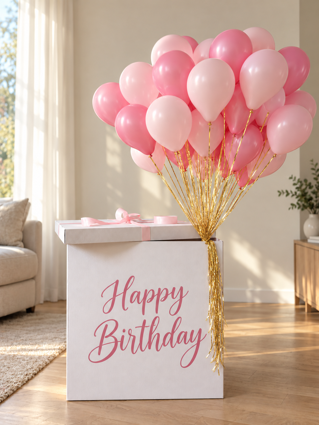 White Happy Birthday balloon box with a full bouquet of soft pink and bright pink helium balloons finished with elegant gold ribbons.