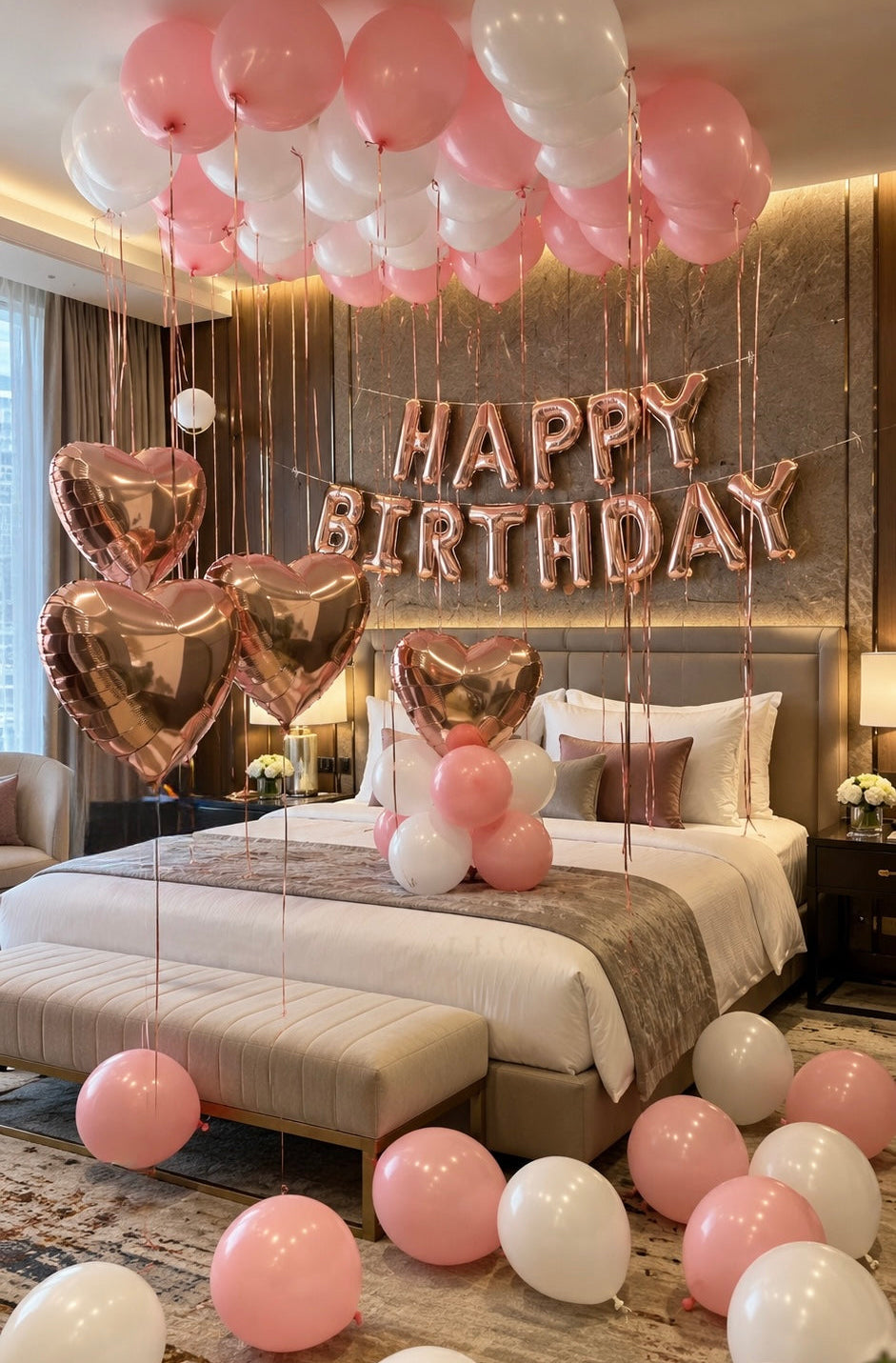 Luxury birthday room setup with pink and white ceiling balloons, rose gold heart balloons, Happy Birthday foil letters, cascading ribbons, and floor balloons.