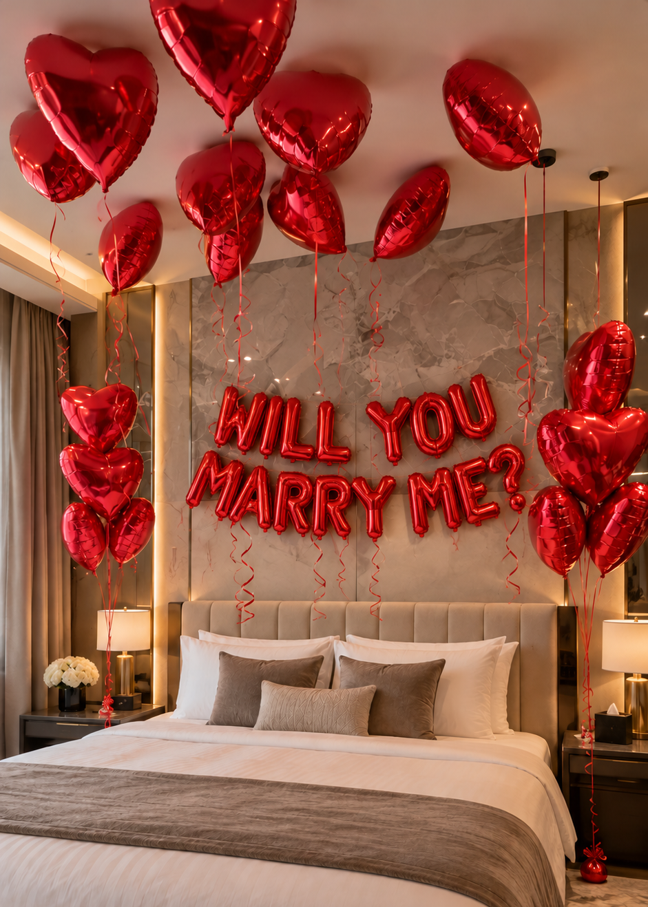 Luxury romantic room decoration for Happy Birthday surprises and Will You Marry Me proposals. Balloon decor in Beverly Hills, Bel Air, Brentwood, Malibu, Santa Monica, and Los Angeles.