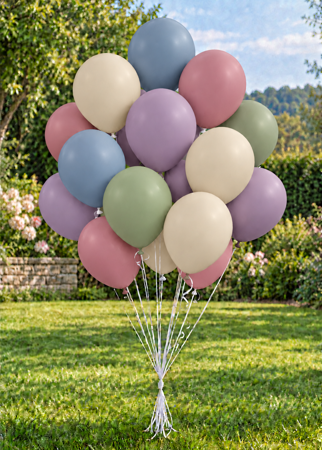 A cluster of matte balloons in pastel shades of pink, lavender, light blue, cream, sage green, and olive green tied together on a string stand on a green lawn in a garden setting.