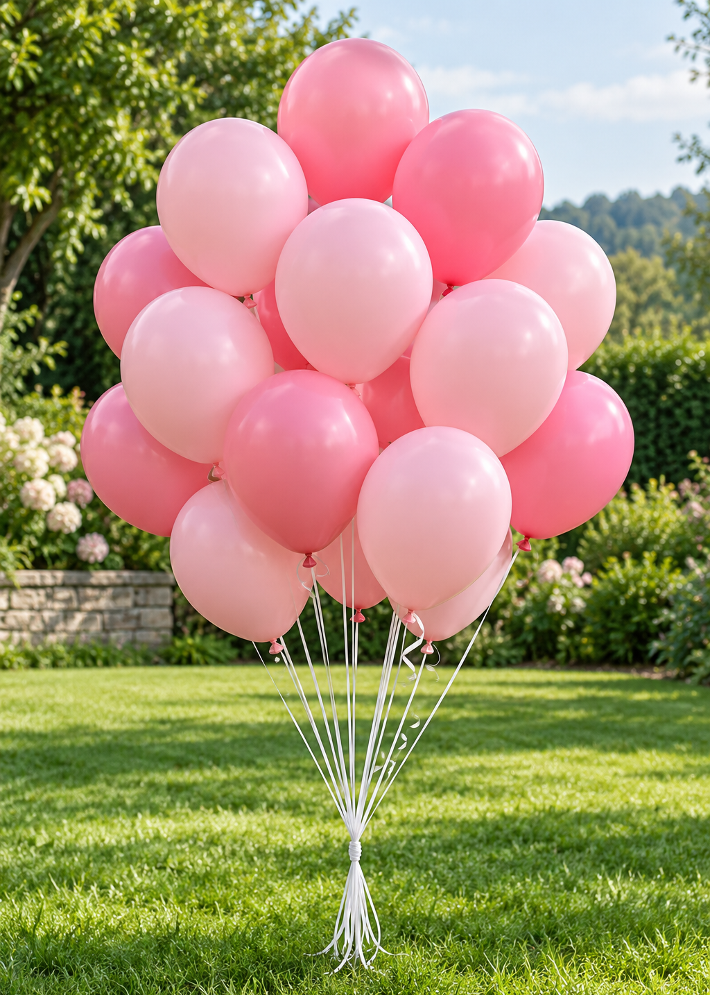 A cluster of pink and light pink balloons tied together with white strings, standing on a green lawn in an outdoor garden setting.