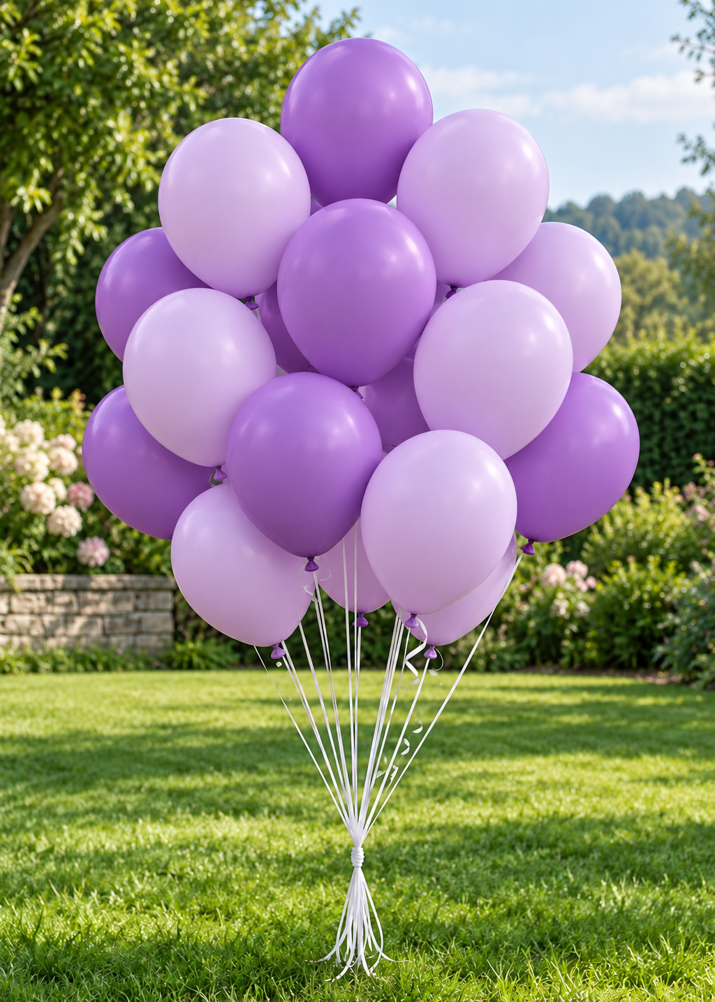 A cluster of latex balloons in shades of light purple and lavender, tied together with white strings and standing on a green lawn in a garden setting.