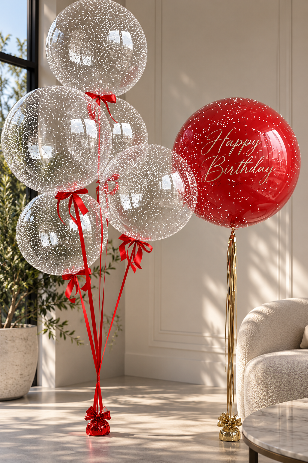 Elegant red and clear birthday helium balloon arrangement featuring transparent balloons with delicate white confetti-style details, red satin bows, and a large red Happy Birthday balloon with gold lettering. Luxury personalized birthday balloon delivery by Best Balloons LA in Beverly Hills, Bel Air, Brentwood, and Los Angeles.