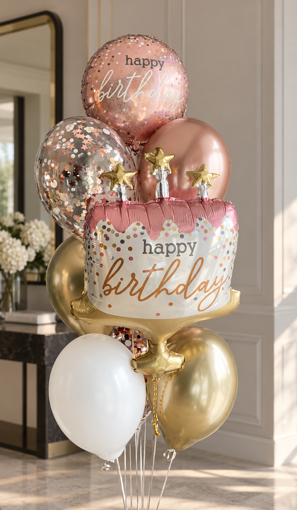 Elegant rose gold and champagne gold helium birthday balloon bouquet featuring a large pink birthday cake foil balloon, metallic rose gold Happy Birthday balloon, clear confetti balloon, and coordinating white and gold balloons. Luxury birthday balloon delivery by Best Balloons LA in Beverly Hills, Bel Air, Brentwood, and Los Angeles.
