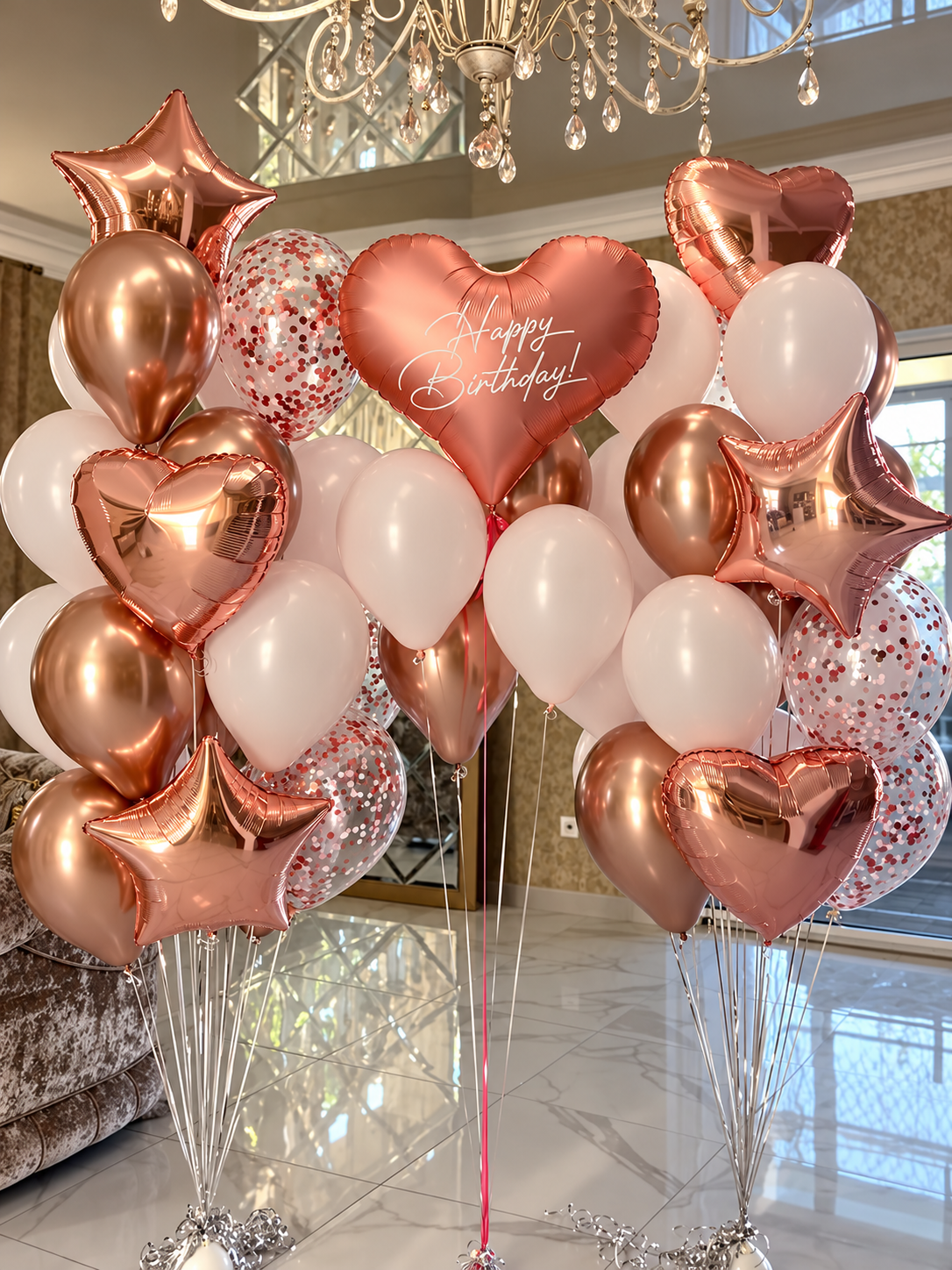 Luxury rose gold and pastel light pink birthday helium balloon arrangement featuring an oversized metallic rose gold Happy Birthday heart balloon, reflective rose gold chrome balloons, soft pastel pink latex balloons, rose gold foil hearts and stars, and transparent balloons with rose gold confetti. Elegant birthday balloon delivery by Best Balloons LA in Beverly Hills, Bel Air, Brentwood, and Los Angeles.